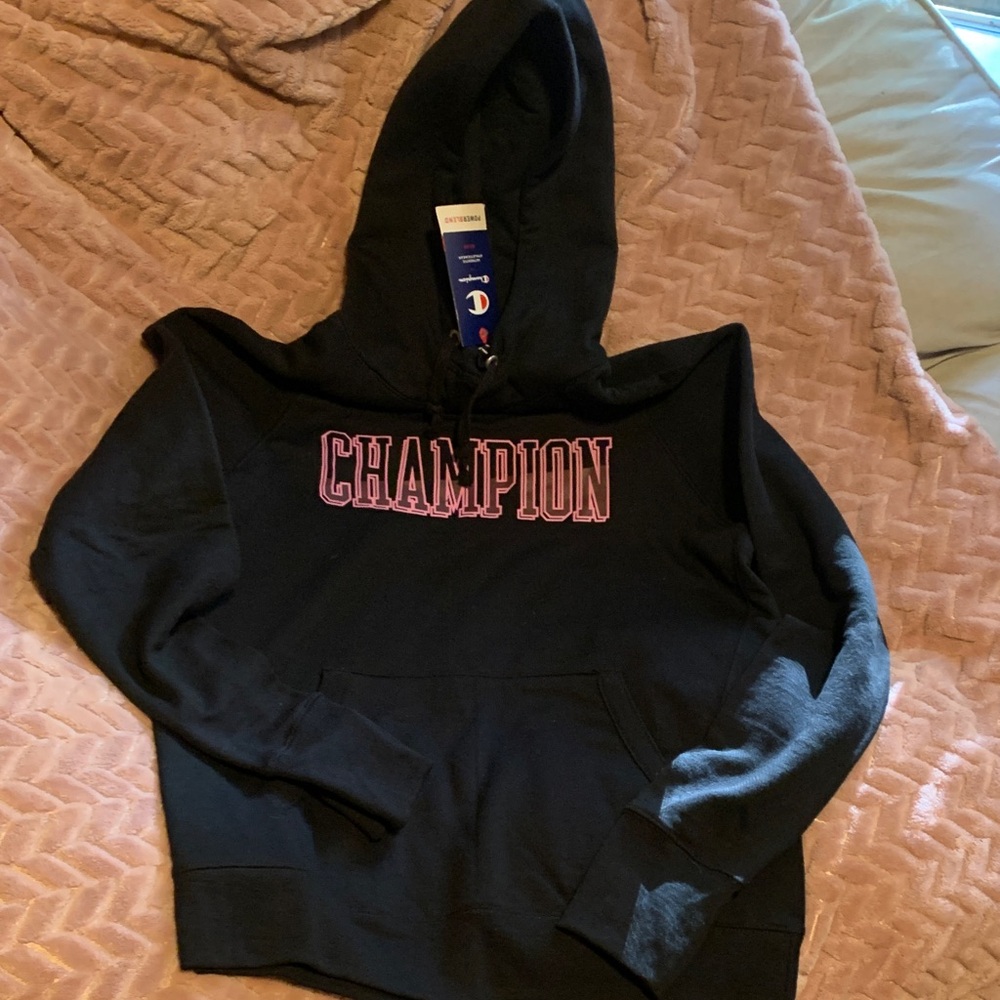 Champion Black Hoodie with Pink Lettering